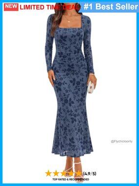 Long Sleeve Bodycon Mesh Square Neck Floral Maxi Wedding Guest Dress